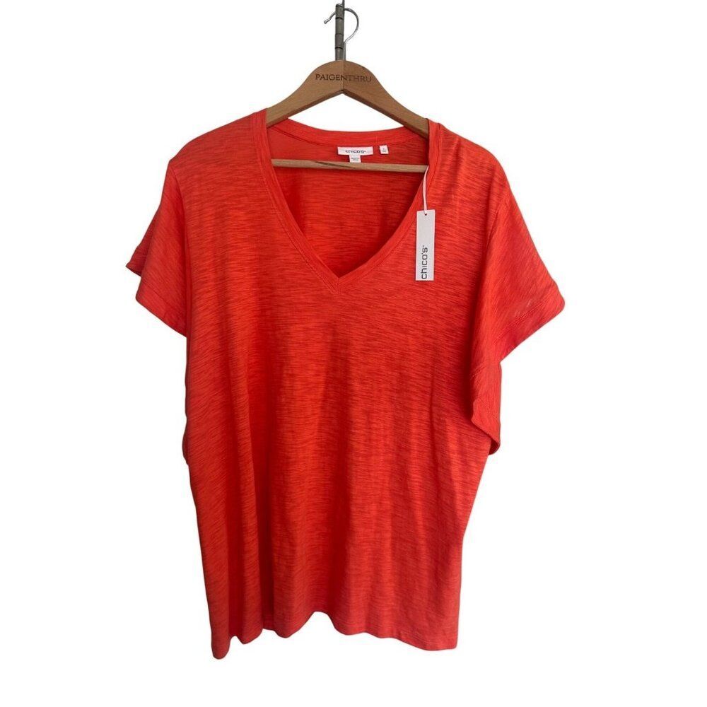 Chico's Size 4 ( XXL) Women's Orange V-Neck Cotton Modal T-Shirt Casual NEW